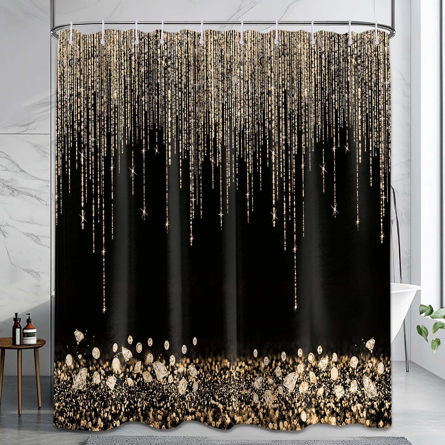 Home Bathroom Spa - Luxuriöser Duschvorhang mit Goldglitter, Schwarz, wasserdicht,