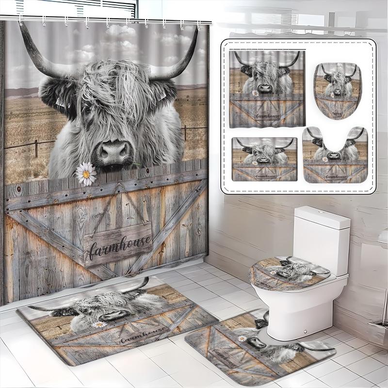 Home Bathroom With Two Toilets - 1/3/4-teiliges kreatives Duschvorhang-Set mit schottischem Highland-Kuh-Motiv,